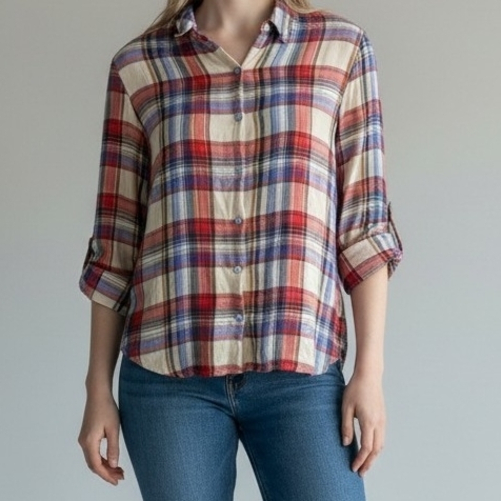 Plaid Button-Up Shirt - Red, Blue, Cream